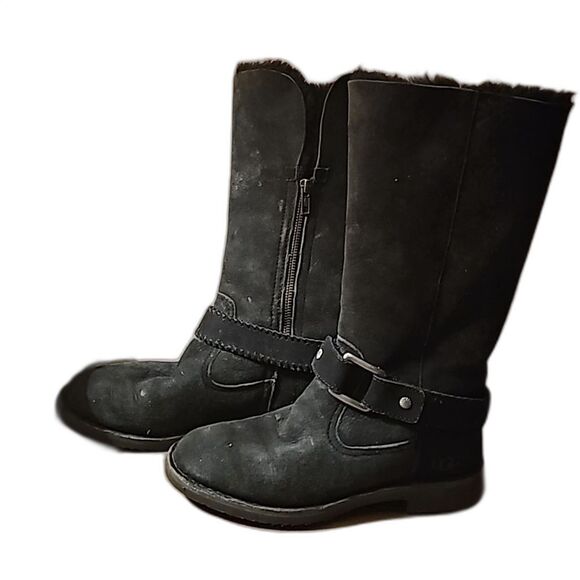UGG Campus Boots Suede Black Moto Strap Logo on outside heel Inner Zips Size 8 - Picture 1 of 10